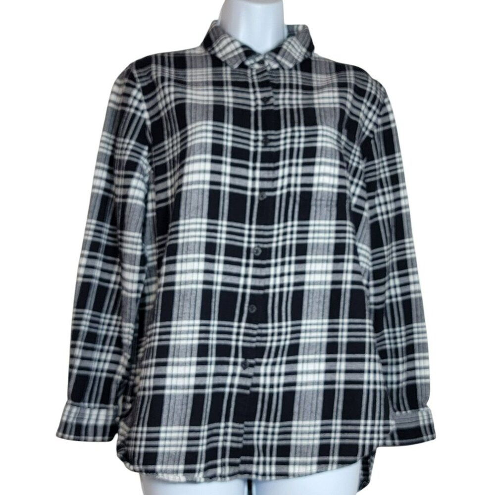 Gap Flannel Button Front Shirt, Women M, Black & White Plaid, Cotton, EUC